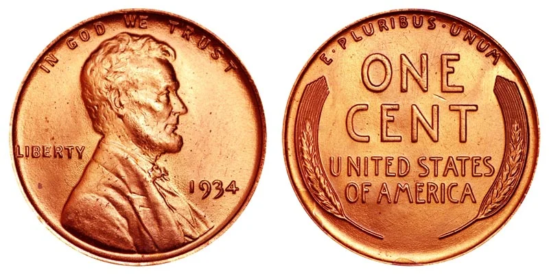 1934 Wheat Penny obverse and reverse showing Lincoln portrait and wheat stalks