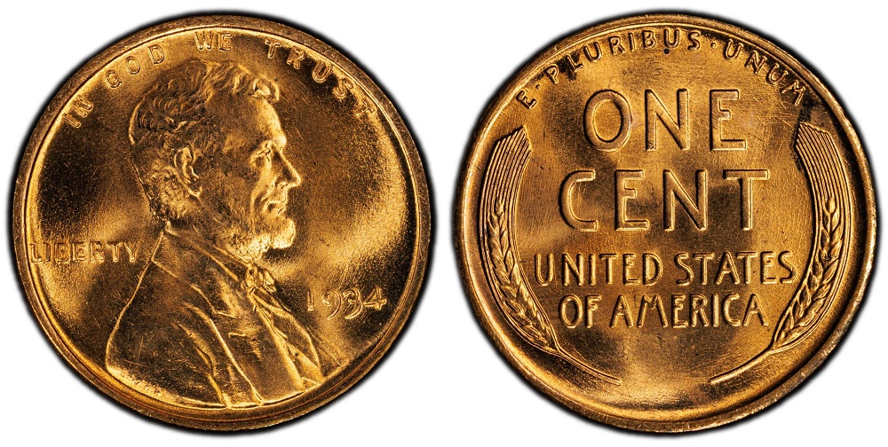 1934 Wheat Penny grading strip showing four condition levels from worn to gem mint state red